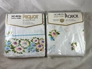 Pequot Maytime Twin Flat Fitted Sheets Blue Floral Daisy New Deadstock 1970s